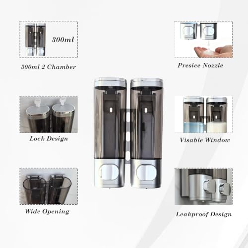 2-Chamber 10oz/300ML Silver Plastic Hand Wall Mounted Soap Dispensers | Refillable Shampoo Conditioner Shower Dispenser No Drill, Clear Manual Pump Dispenser for Bathroom Hotel Kitchen - color: 2-chamber Silver