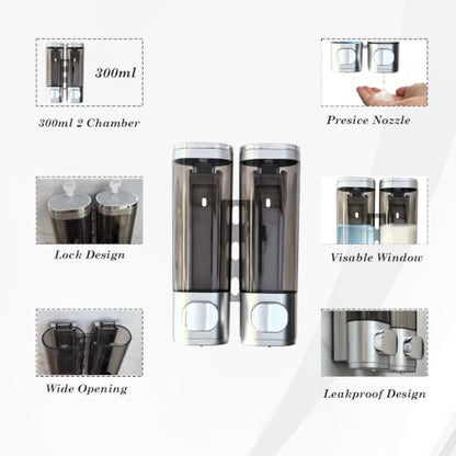 2-Chamber 10oz/300ML Silver Plastic Hand Wall Mounted Soap Dispensers | Refillable Shampoo Conditioner Shower Dispenser No Drill, Clear Manual Pump Dispenser for Bathroom Hotel Kitchen - color: 2-chamber Silver