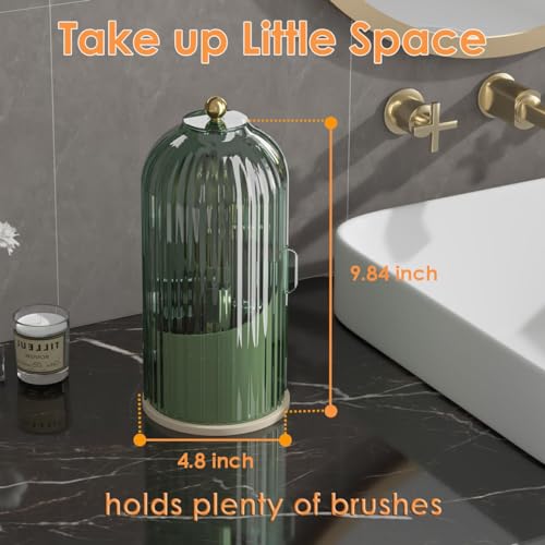 YOOLENS Makeup Brush Holder with Lid 360 Rotating Clear Dustproof Make Up Organizers for Vanity Bathroom Countertop, Green Beige - color: Green/Beige