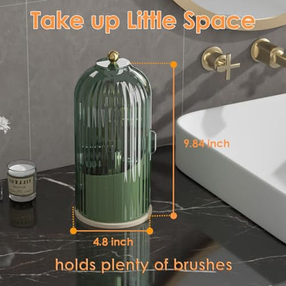 YOOLENS Makeup Brush Holder with Lid 360 Rotating Clear Dustproof Make Up Organizers for Vanity Bathroom Countertop, Green Beige - color: Green/Beige