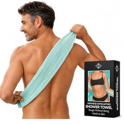Dermasuri Japanese Exfoliating Washcloth, Body & Back Scrubber, 36 in | Extra-long Exfoliating shower towel, loofah exfoliator removes dry dead skin, quick-dry daily washcloth for all skin types