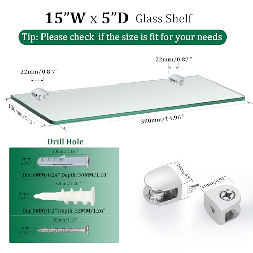 SAYAYO Floating Glass Shelves for Bathroom, Tempered Glass Shelf for Wall 15 x 5 Inch 2 Pack, Clear - color: Clear