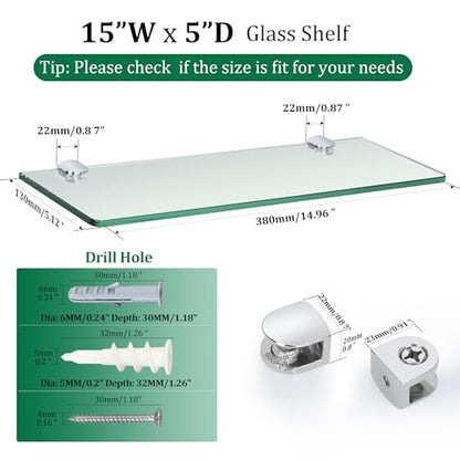 SAYAYO Floating Glass Shelves for Bathroom, Tempered Glass Shelf for Wall 15 x 5 Inch 2 Pack, Clear - color: Clear
