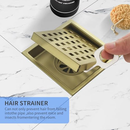 Square Shower Drain 4-Inch with ABS Flange, Brushed Gold, Removable Grille,Bathroom Stainless Steel Shower Floor Drain - color: 4-inch Brushed Gold