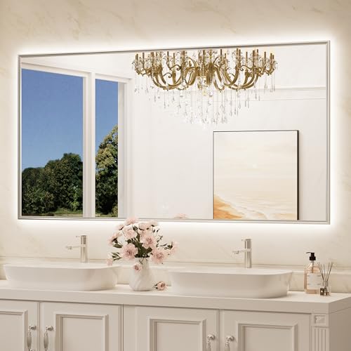 TokeShimi 72"x 36" Bathroom Mirror Backlit with Brushed Nickel Frame, Dimmable Backlight LED Lighted Vanity Mirror with Shatter-Proof, Memory, 3 Colors, Anti-Fog Mirror with HD Tempered Glass - color: Brushed Nickel, size: 72"L x 36"W, style: Backlit