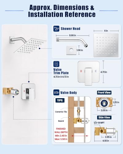 Heyalan 6 Inch Square Rain Shower Faucet Set with Valve, Polished Chrome | Female-thread 1/2-inch NPT connections, SUS304 shower head, brass rough-in valve, single-handle control Shower Set - color: Chrome, size: 6 Inch Square Shower Head