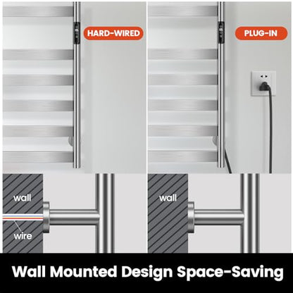 Electric Towel Warmer Rack, 10-Bar Stainless Steel Heated Tower Rack with Built-in Timer, Wall Mounted, Plug-in/Hardwired (Silver) - color: Silver