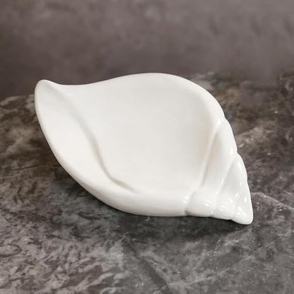 Sea-Shell Soap Holder, Ceramic Soap Tray with Self Draining, Soap Tray for Sink Washroom Bathroom Shower, Small Cute and Elegant Holder with Glaze, Easy Cleaning (White) - color: White