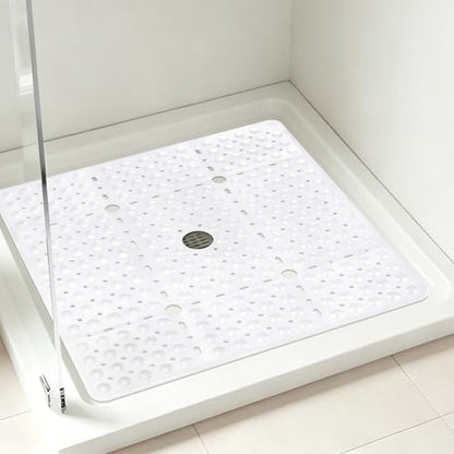 ZOESOE Square Shower Mat Non Slip: 27 x 27 Inches Large Shower Mats for Inside Shower, Soft TPE Shower Floor Mat with Suction Cups and Drain Holes, Machine Washable - color: White