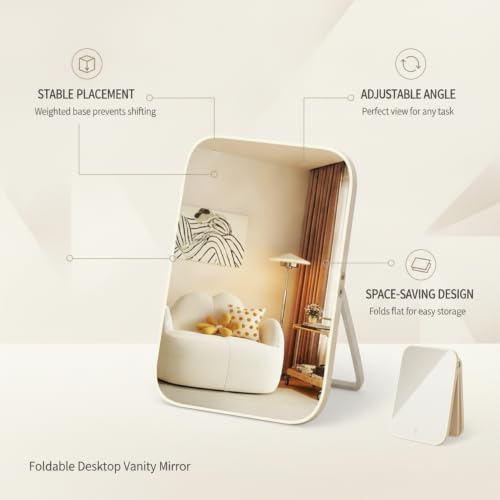 Fits Bedroom and Bathroom Countertops, Foldable Wood Frame Vanity Mirror with Adjustable Angle, Compact Glass Desktop Mirror for Daily Use