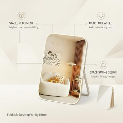 Fits Bedroom and Bathroom Countertops, Foldable Wood Frame Vanity Mirror with Adjustable Angle, Compact Glass Desktop Mirror for Daily Use