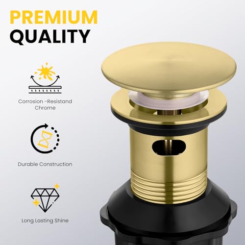 Pop up Bathroom Sink Drain with Overflow, Removable Stainless Steel Hair Catcher, Fits 1.5-1.75", Brushed Gold Stainless Steel Bathroom Sink Stopper for Vanity Vessel Sink Drain Stopper - color: Brushed Gold, style: Big Popup Cap
