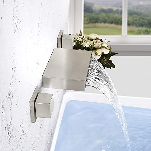SKOWLL Wall Mount Bathroom Sink Faucet 3 Hole, 2 Handle Widespread Vanity Faucets, Waterfall Tub Filler, Solid Brass Rough in Valve, Brushed Nickel - color: Brushed Nickel