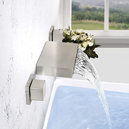SKOWLL Wall Mount Bathroom Sink Faucet 3 Hole, 2 Handle Widespread Vanity Faucets, Waterfall Tub Filler, Solid Brass Rough in Valve, Brushed Nickel - color: Brushed Nickel