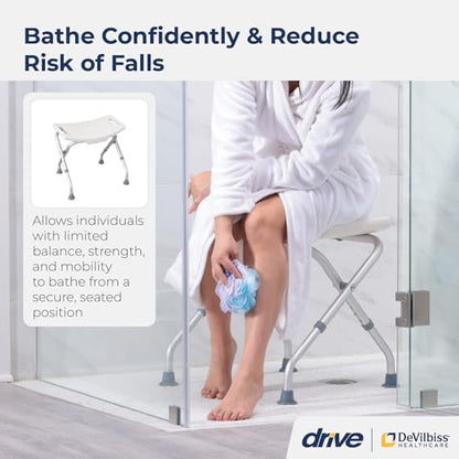 Drive Medical 12486 Folding Shower Chair, Bath Bench with Drainage, White | Folding Shower Chair Includes Drainage Holes and In-Seat Handles, Supports Users Up to 300 Pounds, White