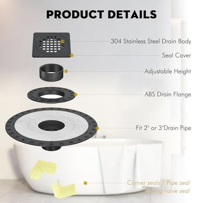 4” Shower Drain Grate Kit with Flange, Fits Schluter Kerdi-Drain | Square Shower Drain with 2 Inch ABS Flange, Adjustable Collar, SUS 304 Stainless Steel Grate, For Bathroom, Matte Black - color: Matte Black, size: 4 Inch Kit with Flange