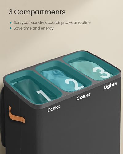 SONGMICS Laundry Basket, 50.2 Gal. Laundry Hamper, 3 Compartments, Easy Assembly, with Lid and Handles, Removable Liners, 25.2 x 15.7 x 29.5 Inches, Ink Black ULCB814BH01 - color: Ink Black, size: 190 L (3-Section)