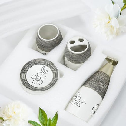 CERBIOR Bathroom Accessories Set,4 PCS Ceramic Bath Accessory,White Flower | Includes Toothbrush Holder, Toothbrush Cup, Soap Dish for Decorative Countertop and Housewarming Gift - style: White-Flower