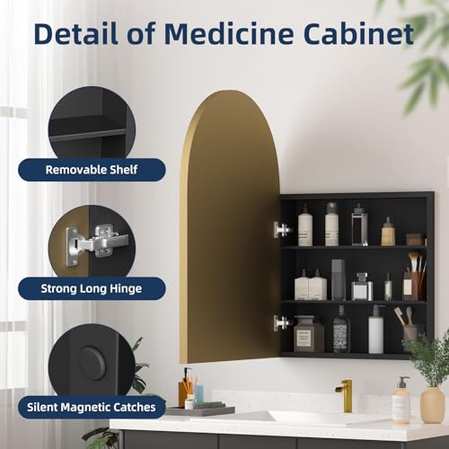 Medicine Cabinets for Bathroom, Gold Arched Medicine Cabinet Recessed or Surface Wall-Mounted,Modern Bathroom Vanity Mirror with Storage, Mirrored Cabinet with Adjustable Shelves,20x30 Inch