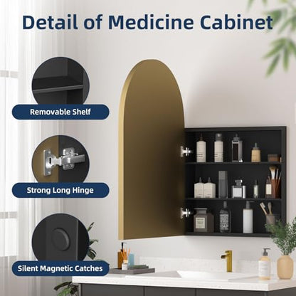 Medicine Cabinets for Bathroom, Gold Arched Medicine Cabinet Recessed or Surface Wall-Mounted,Modern Bathroom Vanity Mirror with Storage, Mirrored Cabinet with Adjustable Shelves,20x30 Inch