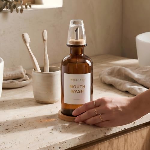11.8OZ Glass Mouthwash Dispenser for Bathroom, Amber | Stainless Steel & Bamboo Nozzle, Reusable Mouthwash Cup, Bamboo Tray, Elegant Gold Sticker - color: Amber/350*1