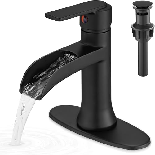 Matte Black Waterfall Bathroom Faucets, 1 Hole or 3 Hole (4 Inch) Bathroom Sink Faucet with Drain, Deck Plate, 1 Handle for Vanity, Restroom, RV, Modern, Brass Material - color: Matte Black