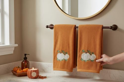 Serafina Home Harvest Fall Bathroom Guest Hand Embroidered Towels 2 Pc Set: Pumpkin Leaf Appliqué Design Bath Plush Rust Orange Towels, 100% Cotton, 16" x 25" Inches, Oeko-TEX Certified - color: Rust Pumpkins