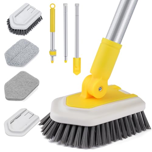 Bathtub Cleaning Brush Long Handle, Shower Bathroom Cleaner Brush Scrubber | 3 Different Detachable Scrub Brush Replacement Head for Scrubing Bathroom Floors, Tubs, Tiles, and Kitchen Walls - color: Yellow