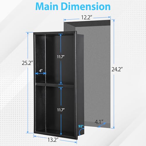 304 Stainless Steel Shower Niche 12” x 24” for Bathroom Storage | Matte Black Recessed Shower Niche No Tile Needed with 2-Tier Shelves for Bathroom Space Saving - size: 12 x 24 inch