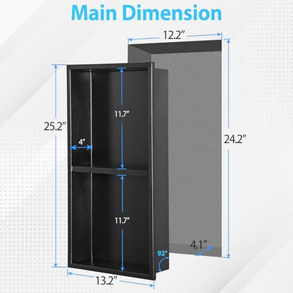 304 Stainless Steel Shower Niche 12” x 24” for Bathroom Storage | Matte Black Recessed Shower Niche No Tile Needed with 2-Tier Shelves for Bathroom Space Saving - size: 12 x 24 inch