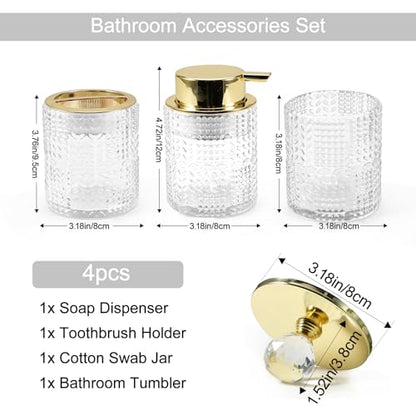 DASITON Bathroom Accessories Set,4Pcs Glass Bathroom Counter Set with Foaming Soap Dispenser,Toothbrush Holder,Bathroom Tumbler,Cotton Swab Jars, for Vanity Bathroom Decor (Clear) D1102 - style: Clear