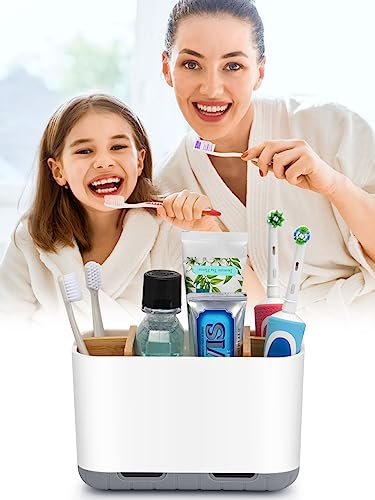 GFWARE Toothbrush Holders for Bathrooms - Bamboo Divider Toothbrush and Toothpaste Holder with Drainage, Kids Electric Toothbrush Organizer for Bathroom Countertop, White Tooth Brush Holder | 5 Slots Toothbrush and Toothpaste Holder with Bamboo Divider, K