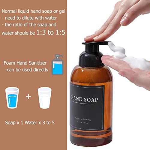2 Pack Foaming Soap Dispenser, 12.7 Oz Thick Glass Pump, Amber | Refillable Foam Soap Bottles for Hand Soap and Body Wash, Ideal for Bathroom Countertop, Kitchen Sink and More - color: Amber