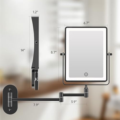 FASCINATE 8.7" 5000mAh Rechargeable Wall Mounted Makeup Mirror (Black) | Double Sided Touch Switch 1X 30X Rectangle Magnifying Mirror with Light, 3 Color Setting, Extended Arm 360° Swivel Foldable - color: Black a