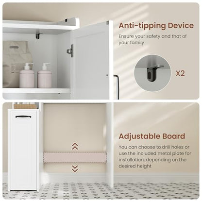 Over The Toilet Storage Cabinet with Rolling Storage Cart, Bathroom Organizers and Storage with Adjustable Shelf & Hooks, Above Toilet Rack for Bathroom, Restroom, Laundry, Save Space, White