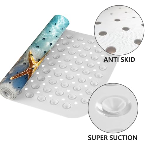LNOND Summer Beach Bathtub Mat Non Slip, 40 X 16 Inch Tub Mat for Bathroom, Ocean Starfish Bath Tub Shower Mat with Drain Holes and Suction Cups - color: Ocean Starfish Bathtub Mat