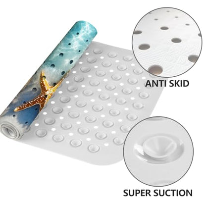 LNOND Summer Beach Bathtub Mat Non Slip, 40 X 16 Inch Tub Mat for Bathroom, Ocean Starfish Bath Tub Shower Mat with Drain Holes and Suction Cups - color: Ocean Starfish Bathtub Mat