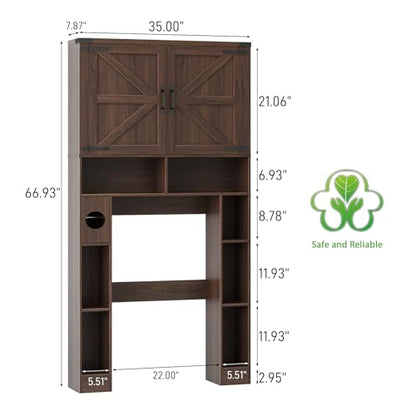 Vabches Home Space-Saving Toilet Rack with 2 Barn Doors, Espresso | Farmhouse Over The Toilet Storage Cabinet, with Toilet Paper Holder Stand, for Laundry, Restroom, Bathroom