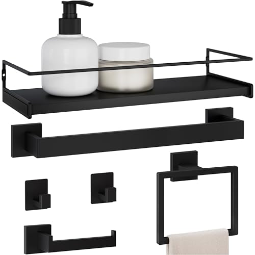 Matte Black Bathroom Hardware Set with 15.7" x 5.9" Shelf, 6 Pcs (5+Shelf) - color: Matte Black