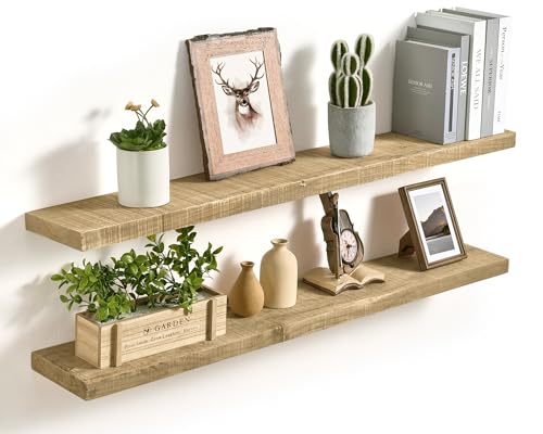 Axeman 48 Inch Rustic Wooden Floating Shelves for Wall|Solid Reclaimed Wood Wall Mounted Shelves with Invisible Brackets for Books Bathroom Kitchen Storage|8 Inch Deep|2 Pack, Natural - color: Natural, size: 48inch