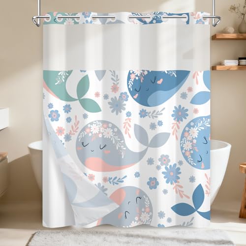 No Hook Shower Curtain with Snap-in Liner, Shower Curtains for Bathroom with Weighted Bottom & See Through Top Window, Cute Whale Fabric Shower Curtain for Home, Dormitories, and Hotel, 71 x 74 Inch - color: Cute Whales