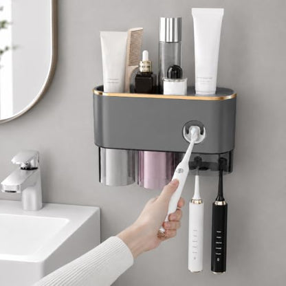 Bathroom Toothbrush Holder —Wall-Mounted Toothbrush Organizer (with Automatic Toothpaste Dispenser), Magnetic Rinse Cup Design, No-Drill Bathroom Vanity Storage Tray (Gunmetal Gray (2 Cups)) - color: Gunmetal Gray (2 Cups)