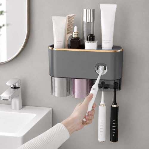 Bathroom Toothbrush Holder —Wall-Mounted Toothbrush Organizer (with Automatic Toothpaste Dispenser), Magnetic Rinse Cup Design, No-Drill Bathroom Vanity Storage Tray (Gunmetal Gray (2 Cups)) - color: Gunmetal Gray (2 Cups)