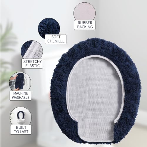 Soft Microfiber Toilet Lid Cover 17.5" x 15" Machine Washable | Solid Toilet Seat Cover Adjustable Rubber Backing Fits Most 16 -17.5" L x 14-16" W Round Oblong and Elongated Toilet Seat - color: Navy Blue