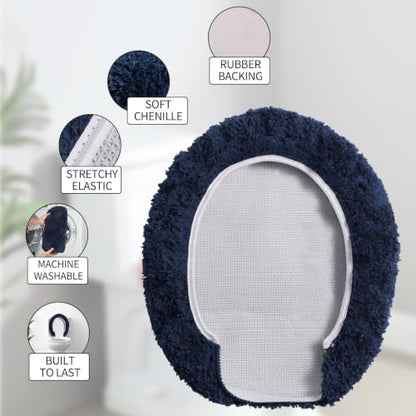Soft Microfiber Toilet Lid Cover 17.5" x 15" Machine Washable | Solid Toilet Seat Cover Adjustable Rubber Backing Fits Most 16 -17.5" L x 14-16" W Round Oblong and Elongated Toilet Seat - color: Navy Blue