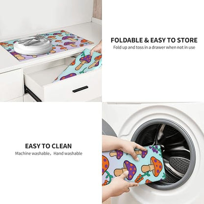 Cute Cartoon Mushroom Kitchen Dish Drying Mat Absorbent Reversible Microfiber Pad Fast Drying Countertop Protector Large “18 x 24" Dish Mat - color: Blue-purple-Mushroom