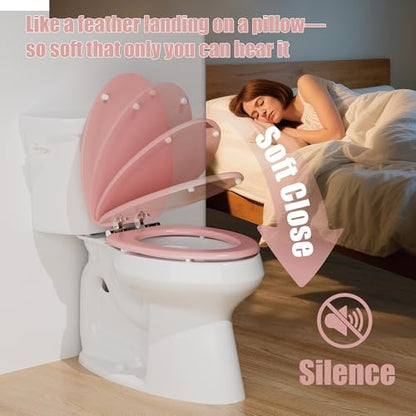 Elongated Slow Close Wood Toilet Seat, Pink Wooden Toilet Seat with Baked Enamel Finish Support 400 lbs, Oval Toilet Lid with Soft Close Chrome Hinges and Grip-Tight Bumpers, Easy to Clean and Install - color: Pink, size: Elongated Slow Close