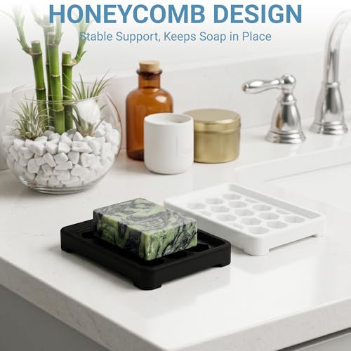 Honeycomb Silicone Soap Dish, Self Draining Soap Holder with Raised Grid Design, Non Slip Soap Saver Tray, Quick Dry Soap Dish for Bathroom Kitchen Sink Shower, Black & White - color: Black & White