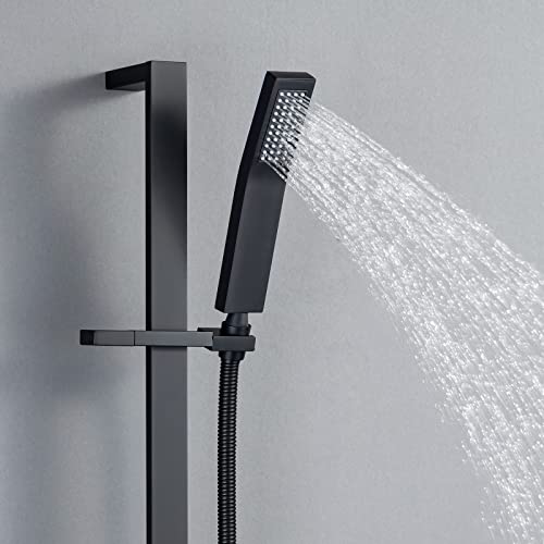 Brass Shower Slide Bar Matte Black Hand Shower Head with Slide Bar and Hose, Wall Mount Handheld Shower Wand Holder, Height Adjustable Sliding Bar, Pt003