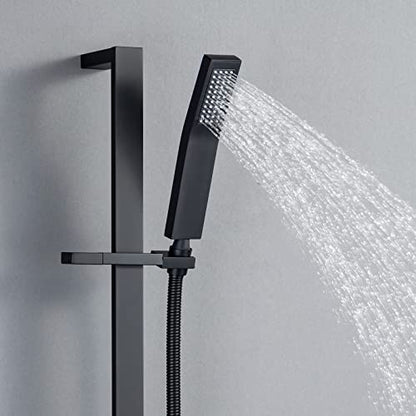 Brass Shower Slide Bar Matte Black Hand Shower Head with Slide Bar and Hose, Wall Mount Handheld Shower Wand Holder, Height Adjustable Sliding Bar, Pt003